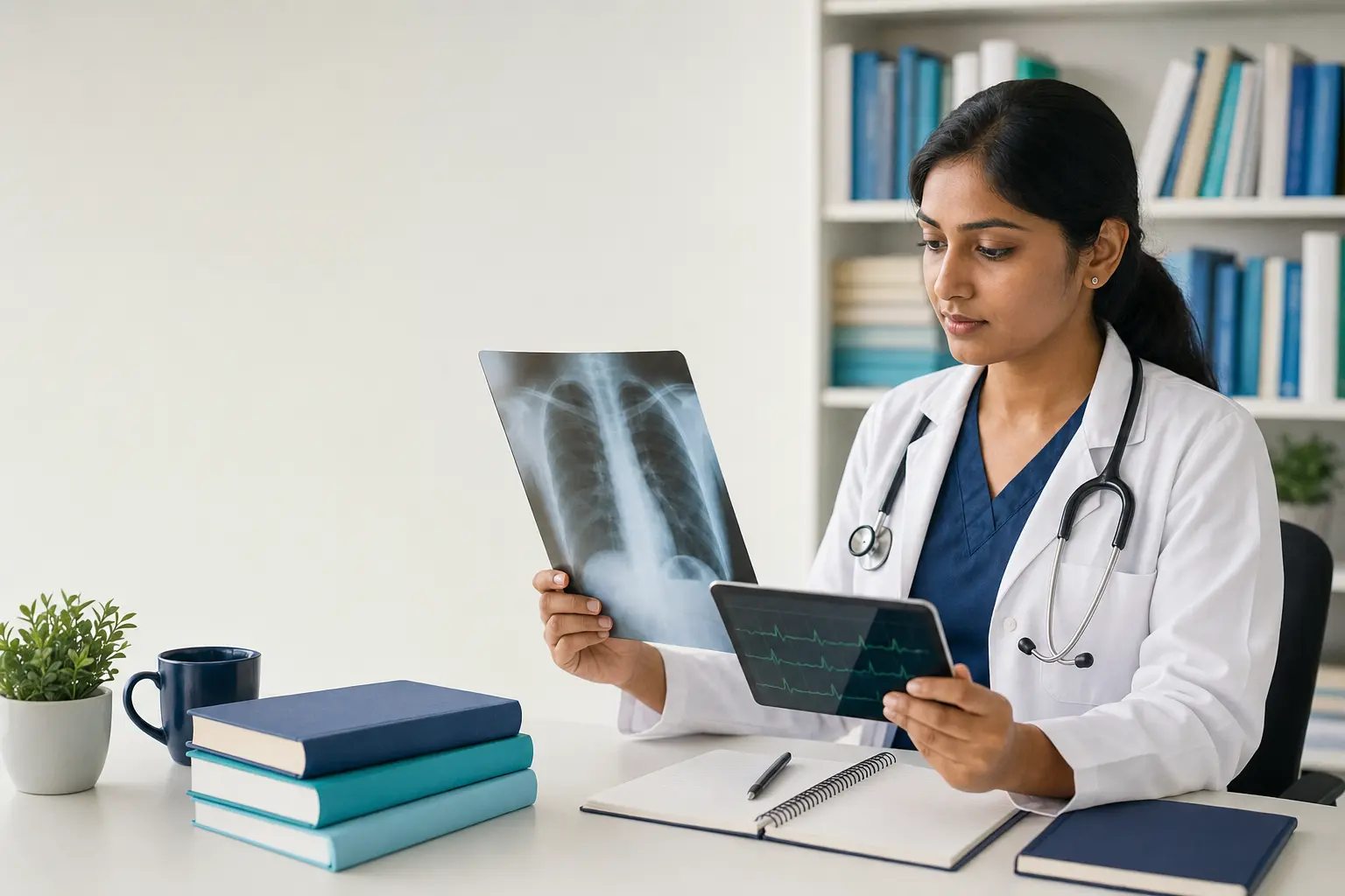 Ärztin trainiert medizinische Fallanalyse mit EKG und Röntgenbild für die Kenntnisprüfung.